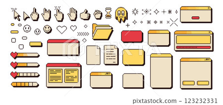Pixel art retro windows interface. 8 bit popup and browser windows with pointers cursors, arrow and hands in retro 90s style. Digital screen message elements. Vector vintage set illustration Pixel art retro windows interface. 8 bit popup and browser windows with pointers cursors, arrow and hands in retro 90s style. Digital screen message elements. Vector vintage set illustration 123232331