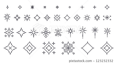 Pixel art stars. 8 bit sparkles. Magic firework icons in retro 90s style. shine glitter Christmas decoration. Twinkle y2k snowflakes. Vintage party elements isolated. Vector set illustration 123232332