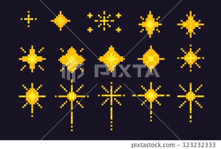 Pixel art stars. 8 bit sparkles set. Magic firework icons in retro 90s style. shine glitter Christmas decoration. Y2k snowflakes. Vintage party golden elements isolated on dark. Vector illustration 123232333
