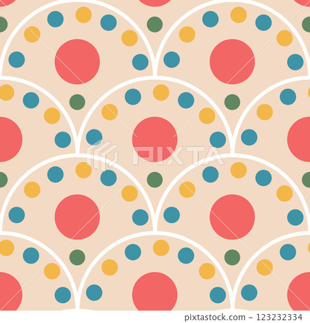 Polka dots seamless pattern. Circle scallop confetti endless background. Retro birthday round elements repeat cover. Colorful chaotic spots continuous ornament. Vector illustration 123232334