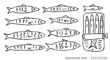 Sardines line doodle set. Canned fish hand drawn scribble. tinned fishes. Open sardine tin. Vector conserve eat illustration by pencil isolated on white background. Crayon or chalk naive seafood 123232342