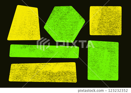 Ink rolled geometric shapes with noise set. Text boxes grainy textured frames pack. Hexagon, and square figures. Vector hand drawn quotation stickers shapes. Flat grunge geometric figures. 123232352