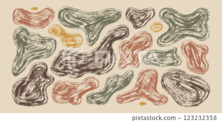 Liquid organic shapes set. Irregular dry brush marker splodges figures. Random abstract fluid. Rough shape splashes. Wavy blob stains. Curvy flat drops. Vector hand drawn textured background 123232358