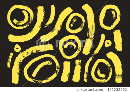 Brush stroke squiggle and circles chalk lines. Vector hand drawn wave round white paint shapes bg. Abstract curve irregular graphic. Folk scribble paintbrush wobbly wavy grunge illustration 123232362