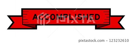 Ribbon label banner with word accomplished in red color on white background 123232610