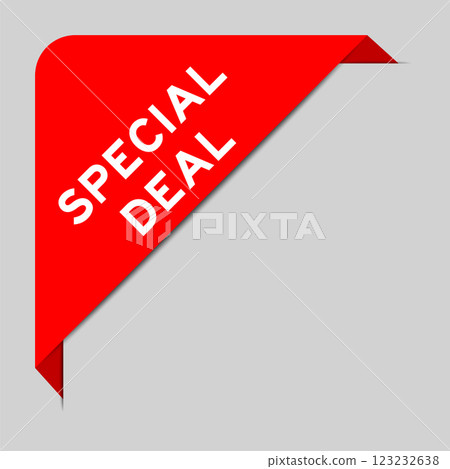 Red color of corner label banner with word special deal on gray background 123232638