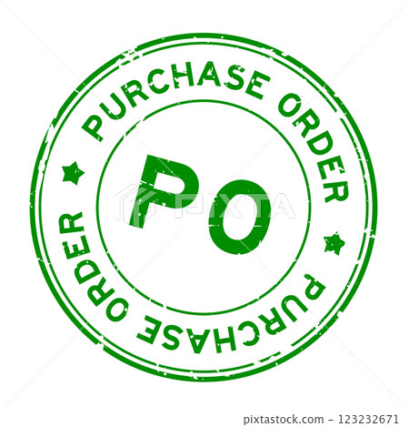 Grunge green PO purchase order word round rubber seal stamp on white background 123232671