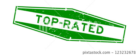 Grunge green top rated word hexagon rubber seal stamp on white background 123232678