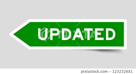 Green color arrow shape sticker label with word updated on gray background Green color arrow shape sticker label with word updated on gray background 123232681