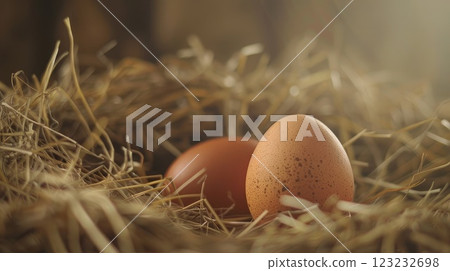 There are two brown eggs resting snugly in a cozy nest of hay. AI-generated content. There are two brown eggs resting snugly in a cozy nest of hay. AI-generated content. 123232698