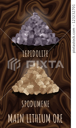 Vector drawing of LEPIDOLITE and SPODUMENE. Hand drawn illustration. LITHIUM ORE. Lithium-containing mineral Vector drawing of LEPIDOLITE and SPODUMENE. Hand drawn illustration. LITHIUM ORE. Lithium-containing mineral 123232701