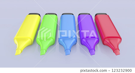 Row of five different colored fluorescent pens 123232900