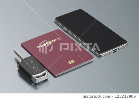 Smartphone, passport and car key 123232909