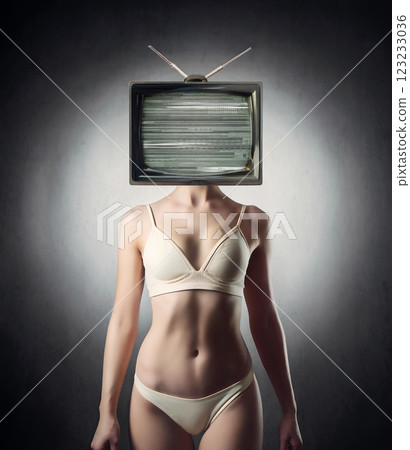 Female body in underwear with old TV instead head. Surreal contemporary background. Uncensored television brainwashing concept. Mass media as human manipulation and control system 123233036