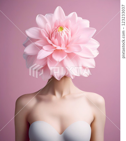 Female body with pink flower instead head. Woman tenderness conceptual background. Contemporary art collage for the International Women's day, March 8th. Self care and love surreal minimalism 123233037