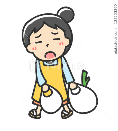 A housewife wearing an apron walking tiredly with shopping bags 123233290