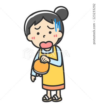 一位穿著圍裙的家庭主婦因為沒有錢而感到震驚 123233292