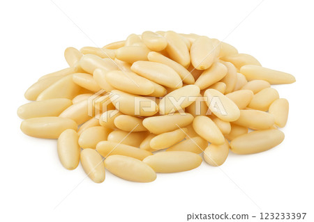 Shelled European pine nuts isolated on white background with full depth of field Shelled European pine nuts isolated on white background with full depth of field 123233397