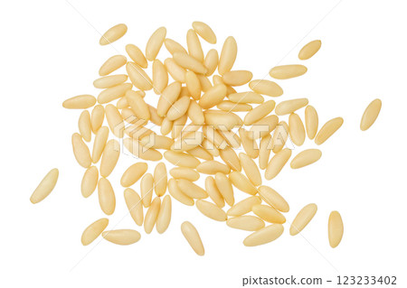 Shelled European pine nuts isolated on white background with full depth of field. Top view. Flat lay 123233402