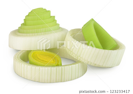 sliced Leek vegetable isolated on white background with full depth of field 123233417