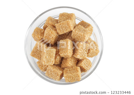 brown sugar in a glass bowl isolated on white background, Top view. Flat lay 123233446