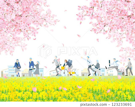 男女學生沿著櫻花樹和盛開的油菜花的河岸散步 - 全身 - 畢業 - 人物向量插圖白色背景素材 123233691