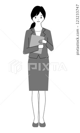 一位身穿西裝的年輕女性站著,手裡拿著文件的全身插圖 一位身穿西裝的年輕女性站著,手裡拿著文件的全身插圖 123233747