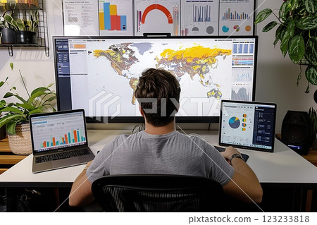 Person analyzing global data on screens in a workspace environment 123233818