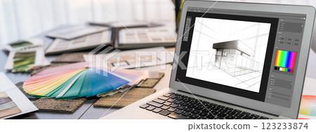 Modern interior design office with laptop and colorful board materials. Insight Modern interior design office with laptop and colorful board materials. Insight 123233874
