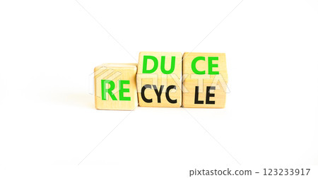 Reduce or recycle symbol. Concept words Reduce Recycle on wooden block. Beautiful white table white background. Business reduce or recycle concept. Copy space. Reduce or recycle symbol. Concept words Reduce Recycle on wooden block. Beautiful white table white background. Business reduce or recycle concept. Copy space. 123233917