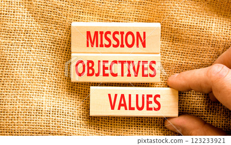 Mission objectives values symbol. Concept words Mission Objectives Values on beautiful blocks. Beautiful canvas background. Businessman hand. Business mission objectives values concept. Copy space. 123233921