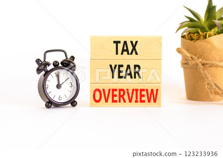 Tax year overview symbol. Concept words Tax year overview on beautiful wooden blocks. Beautiful white background. Black alarm clock. Business tax year overview concept. Copy space. Tax year overview symbol. Concept words Tax year overview on beautiful wooden blocks. Beautiful white background. Black alarm clock. Business tax year overview concept. Copy space. 123233936