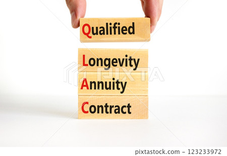 QLAC symbol. Concept word QLAC Qualified Longevity Annuity Contract on beautiful wooden blocks. Beautiful white background. Business QLAC Qualified Longevity Annuity Contract concept. Copy space. 123233972