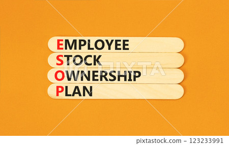 Employee Stock Ownership Plan symbol. Concept word ESOP Employee Stock Ownership Plan on beautiful sticks. Beautiful orange background. Business ESOP Employee Stock Ownership Plan concept. Copy space. Employee Stock Ownership Plan symbol. Concept word ESOP Employee Stock Ownership Plan on beautiful sticks. Beautiful orange background. Business ESOP Employee Stock Ownership Plan concept. Copy space. 123233991