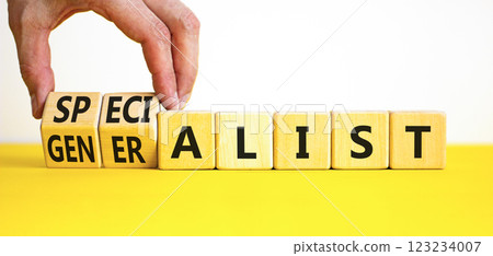 Specialist or globalist symbol. Concept words Specialist Globalist on beautiful wooden blocks. Beautiful white background. Doctor hand. Business specialist or globalist concept. Copy space 123234007