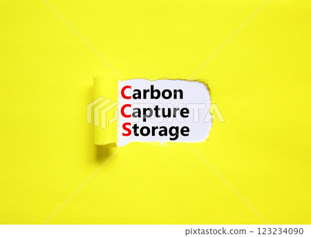 CCS Carbon capture storage symbol. Concept words CCS Carbon capture storage on beautiful white paper. Beautiful yellow paper background. Business ecological Carbon capture storage concept. Copy space. 123234090