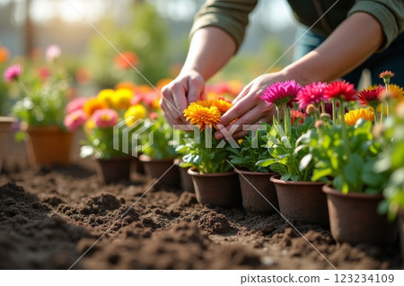 Gardener placing blooms in pots filled with soil, greenhouse planting starts. World Environment Day  123234109