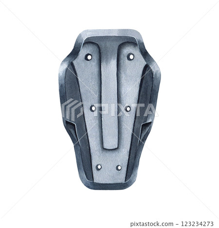 Protective insert for motorcycle jacket. Back protection for motorcyclists. Moto gear. Grey watercolor illustration isolated from background. For moto online and offline store, workshop. Road safety 123234273