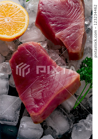 Fresh, raw steak, tuna fish, on ice, top view, close-up, 123234462