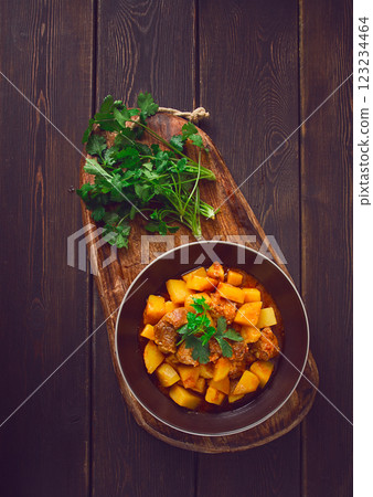 Potatoes stewed with meat, in tomato sauce, with spices and herbs, no people, Potatoes stewed with meat, in tomato sauce, with spices and herbs, no people, 123234464