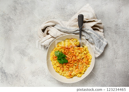 risotto with shrimp, in a bowl, on a textured surface, with a side dish of fresh coriander, homemade, no people, risotto with shrimp, in a bowl, on a textured surface, with a side dish of fresh coriander, homemade, no people, 123234465