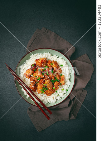 fried chicken teriyaki with rice, green onion and sesame, homemade, no people, 123234483