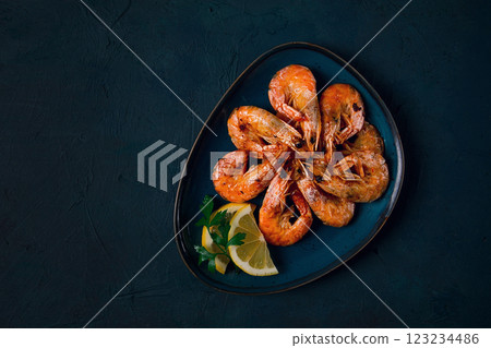 Fried with spices, King prawns, undivided , top view, selective focus, seafood, shrimp, no people, Fried with spices, King prawns, undivided , top view, selective focus, seafood, shrimp, no people, 123234486