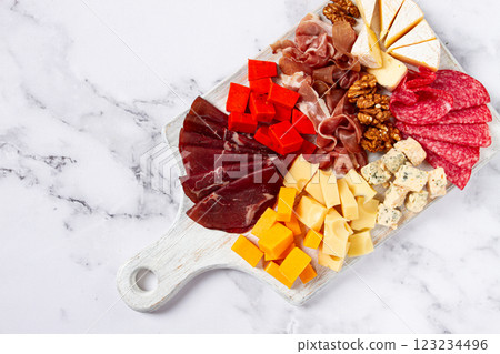 assortment of cheese meat cuts, on a plate, top view, no people, 123234496