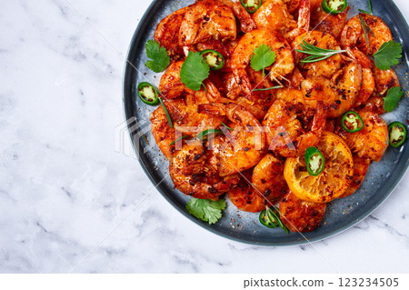 grilled shrimp, unpeeled, headless, with spices, on a marble table, homemade, no people, 123234505
