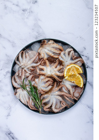 Fresh baby octopuses on ice, garnished with lemon and rosemary, on a marble table, no people, Fresh baby octopuses on ice, garnished with lemon and rosemary, on a marble table, no people, 123234507