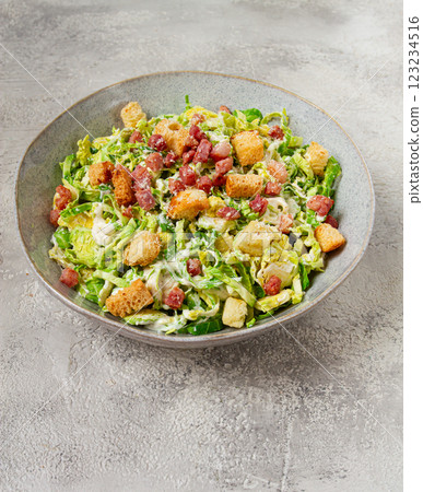 Brussels sprouts Caesar salad, with bacon and croutons, healthy food, homemade, no people, Brussels sprouts Caesar salad, with bacon and croutons, healthy food, homemade, no people, 123234516