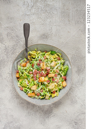 Brussels sprouts Caesar salad, with bacon and croutons, healthy food, homemade, no people, Brussels sprouts Caesar salad, with bacon and croutons, healthy food, homemade, no people, 123234517