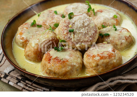 chicken meatballs, in cream sauce, garnished with parmesan cheese, and microgreens, homemade, no people, 123234520