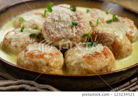 chicken meatballs, in cream sauce, garnished with parmesan cheese, and microgreens, homemade, no people, chicken meatballs, in cream sauce, garnished with parmesan cheese, and microgreens, homemade, no people, 123234521